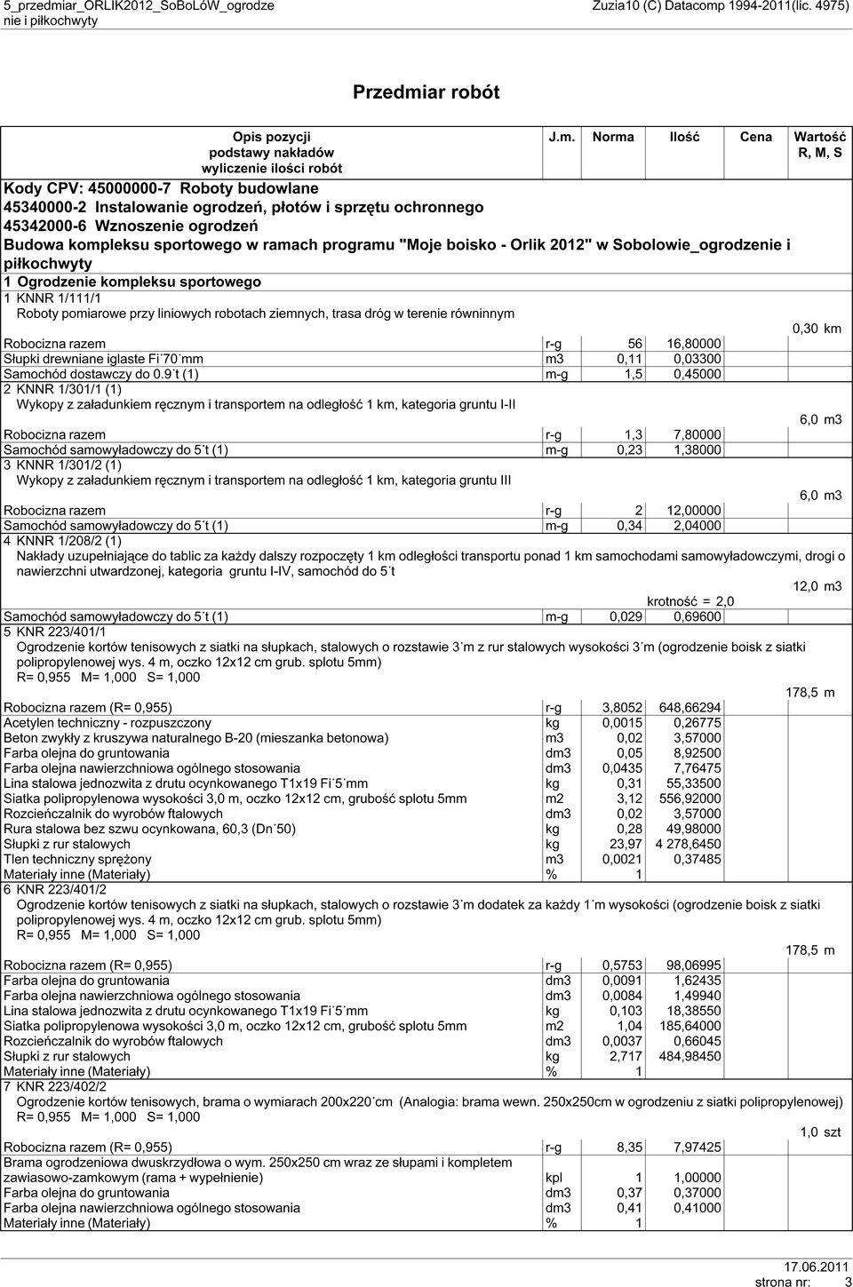 Norma Ilość Cena Wartość R, M, S wyliczenie ilości robót Kody CPV: 45000000-7 Roboty budowlane 45340000-2 Instalowanie ogrodzeń, płotów i sprzętu ochronnego 45342000-6 Wznoszenie ogrodzeń Budowa