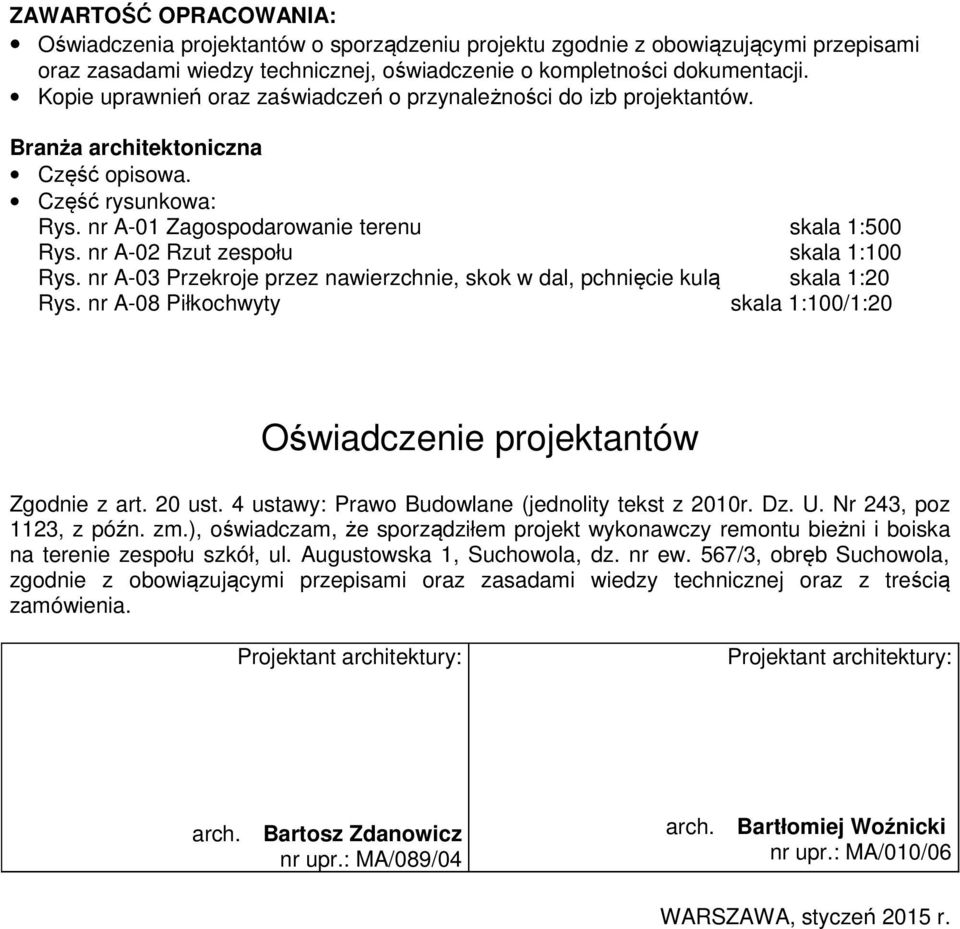 nr A-02 Rzut zespołu skala 1:100 Rys. nr A-03 Przekroje przez nawierzchnie, skok w dal, pchnięcie kulą skala 1:20 Rys. nr A-08 Piłkochwyty skala 1:100/1:20 Oświadczenie projektantów Zgodnie z art.