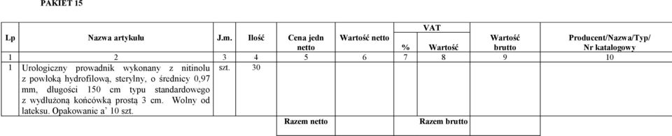 z powłoką hydrofilową, sterylny, o średnicy 0,97 mm, długości 150 cm