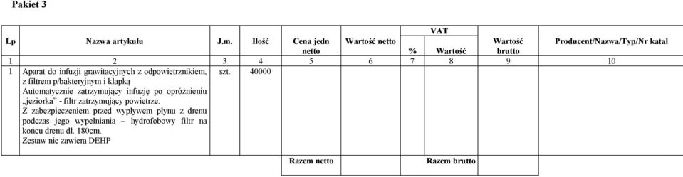 p/bakteryjnym i klapką Automatycznie zatrzymujący infuzję po opróżnieniu jeziorka - filtr