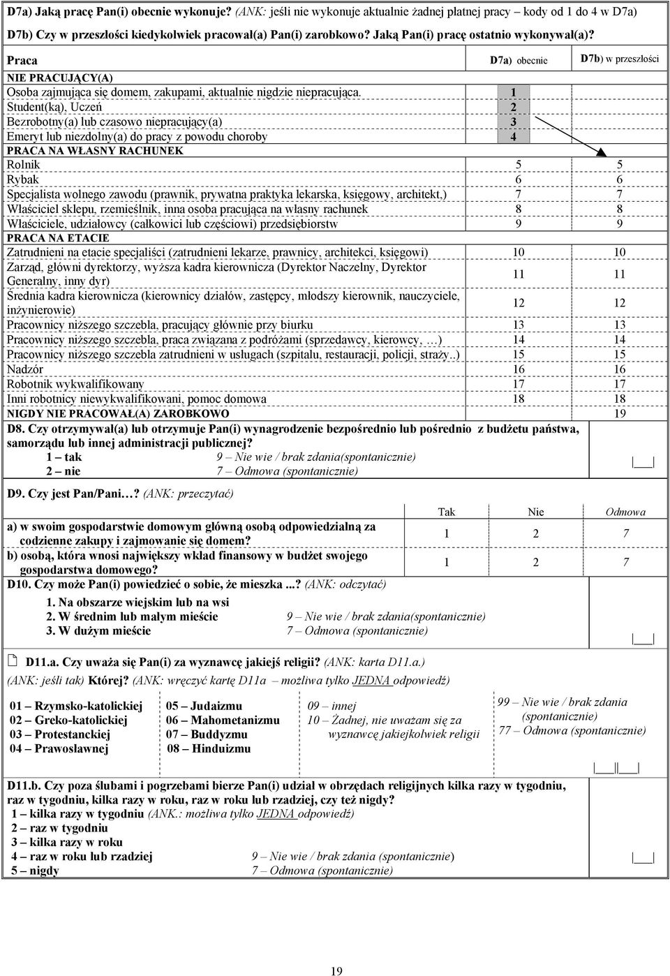 1 Student(ką), Uczeń 2 Bezrobotny(a) lub czasowo niepracujący(a) 3 Emeryt lub niezdolny(a) do pracy z powodu choroby 4 PRACA NA WŁASNY RACHUNEK Rolnik 5 5 Rybak 6 6 Specjalista wolnego zawodu