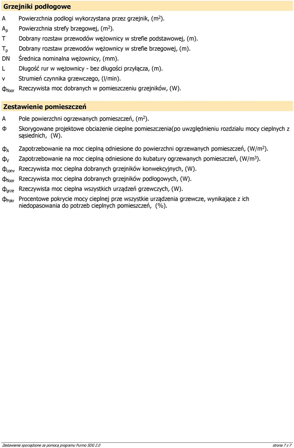 Rzeczywista moc dobranych w pomieszczeniu grzejników,. Zestawienie pomieszczeń Pole powierzchni ogrzewanych pomieszczeń,.