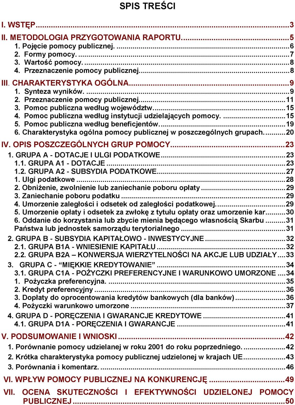 Charakterystyka ogólna publicznej w poszczególnych grupach...20 IV. OPIS POSZCZEGÓLNYCH GRUP POMOCY...23 1. GRUPA A - DOTACJE I ULGI PODATKOWE...23 1.1. GRUPA A1 - DOTACJE...23 1.2. GRUPA A2 - SUBSYDIA PODATKOWE.