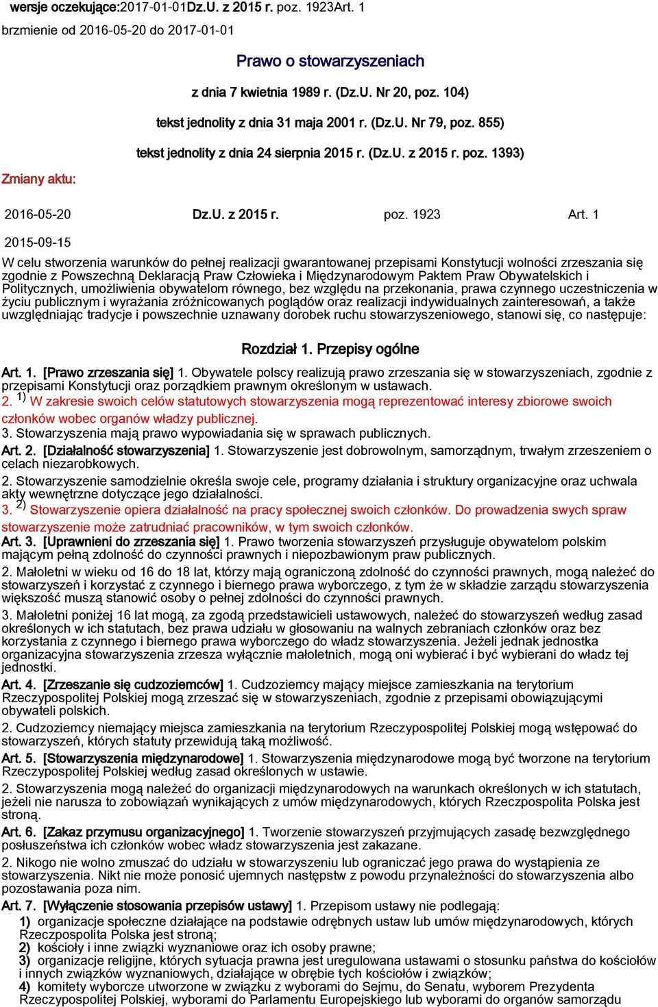 1 2015-09-15 W celu stworzenia warunków do pełnej realizacji gwarantowanej przepisami Konstytucji wolności zrzeszania się zgodnie z Powszechną Deklaracją Praw Człowieka i Międzynarodowym Paktem Praw