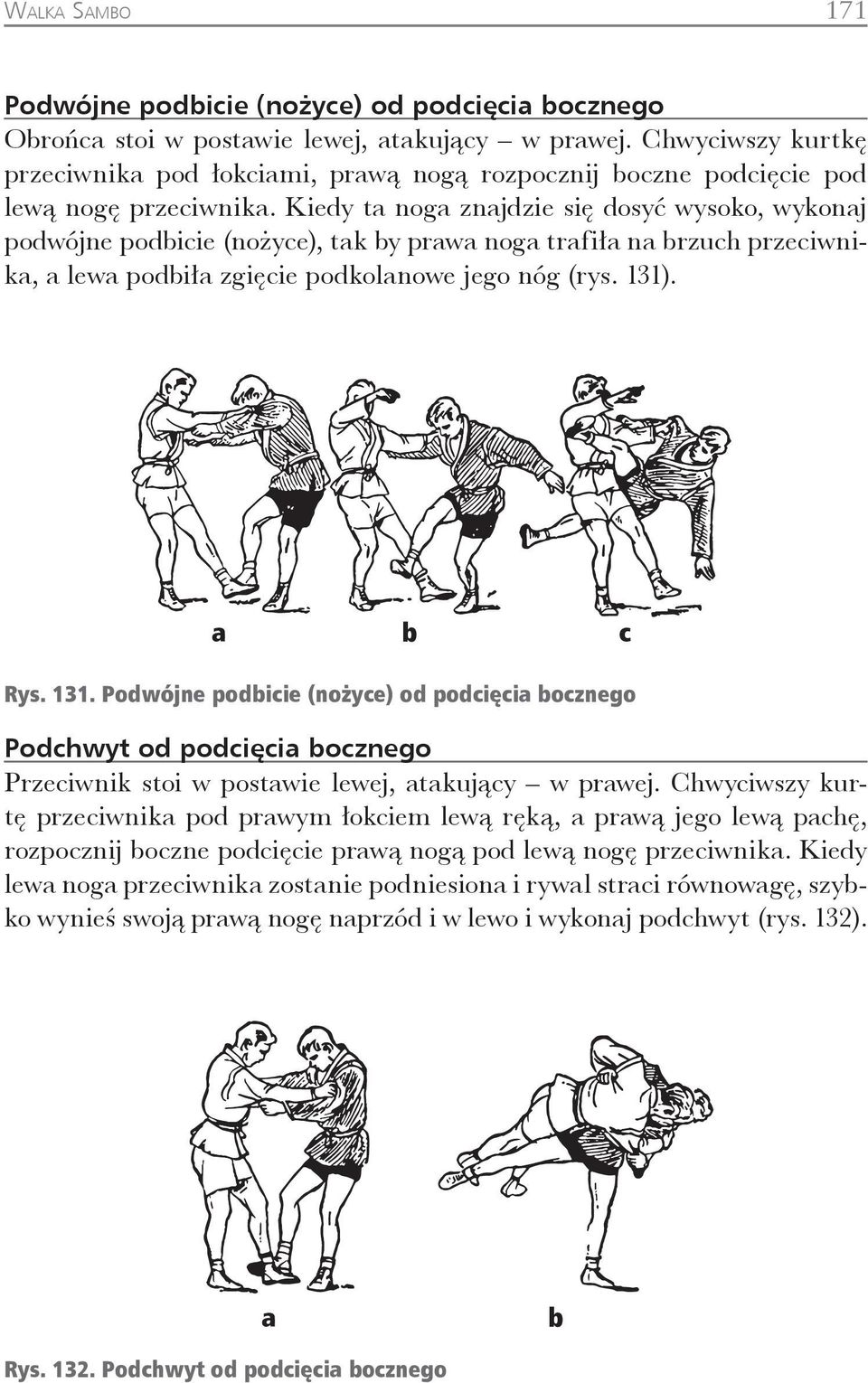 Kiedy t nog znjdzie się dosyć wysoko, wykonj podwójne podicie (nożyce), tk y prw nog trfił n rzuch przeciwnik, lew podił zgięcie podkolnowe jego nóg (rys. 131)