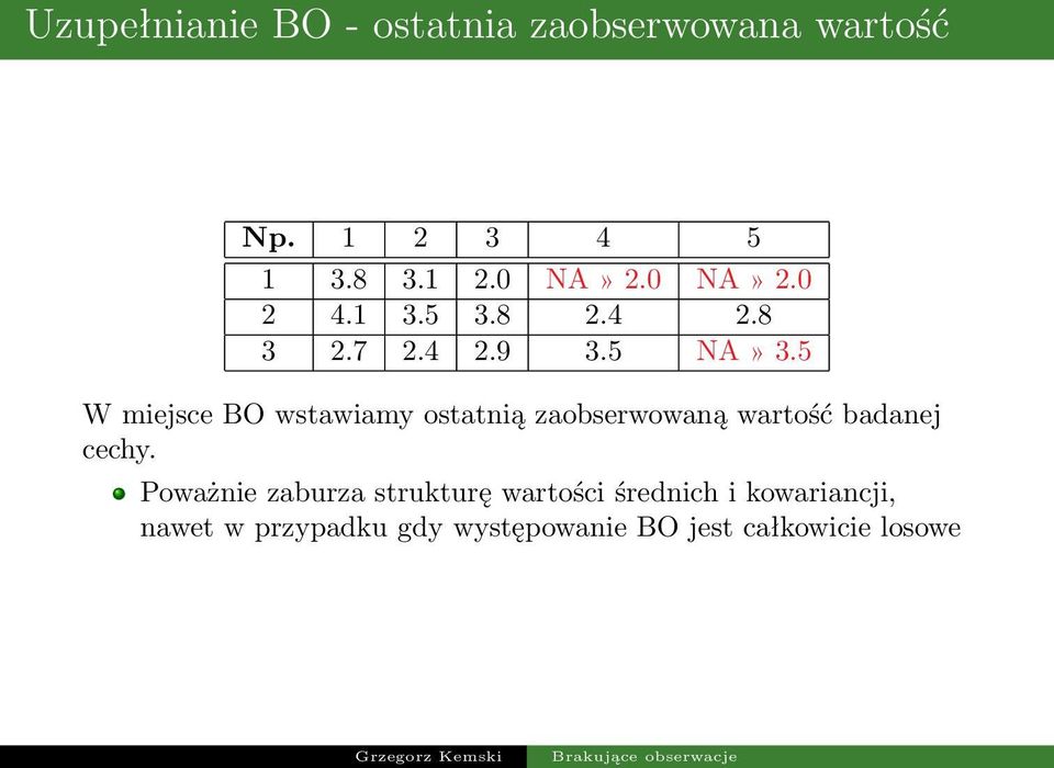 5 W miejsce BO wstawiamy ostatnią zaobserwowaną wartość badanej cechy.