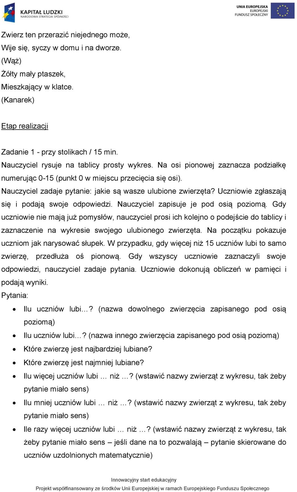 Uczniowie zgłaszają się i podają swoje odpowiedzi. Nauczyciel zapisuje je pod osią poziomą.