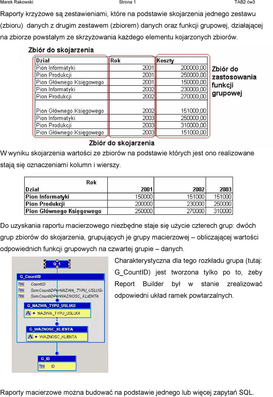 W wyniku skojarzenia wartości ze zbiorów na podstawie których jest ono realizowane stają się oznaczeniami kolumn i wierszy.