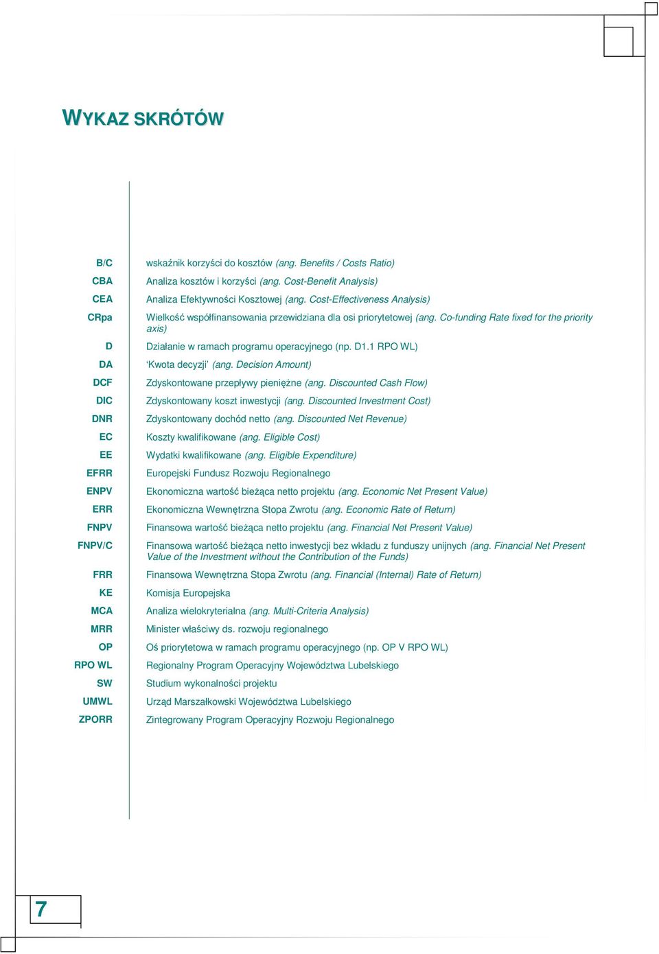 Cost-Effectiveness Analysis) Wielkość współfinansowania przewidziana dla osi priorytetowej (ang. Co-funding Rate fixed for the priority axis) Działanie w ramach programu operacyjnego (np. D1.