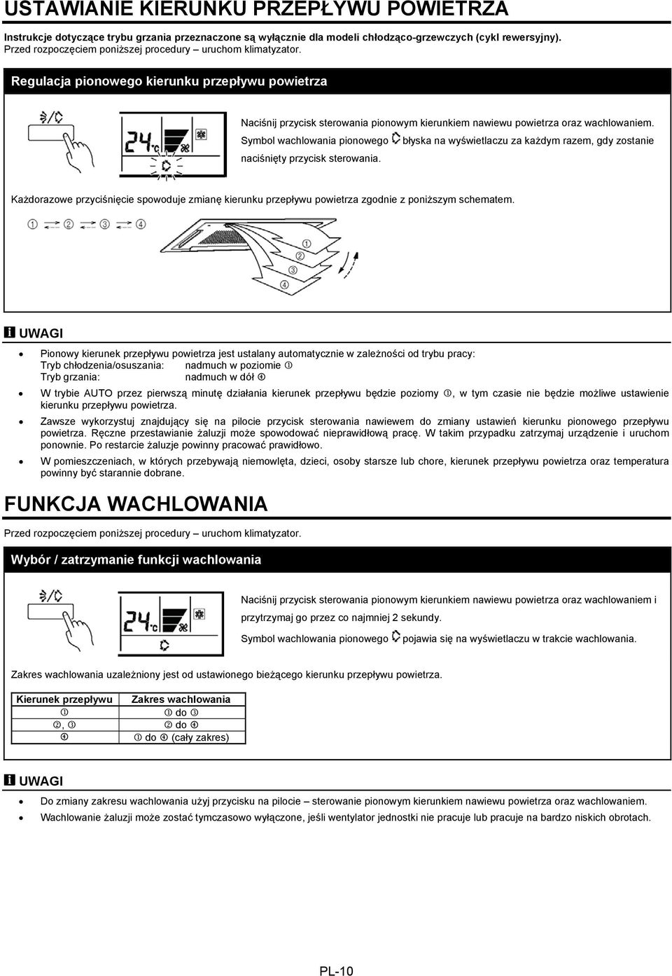 Symbol wachlowania pionowego błyska na wyświetlaczu za każdym razem, gdy zostanie naciśnięty przycisk sterowania.