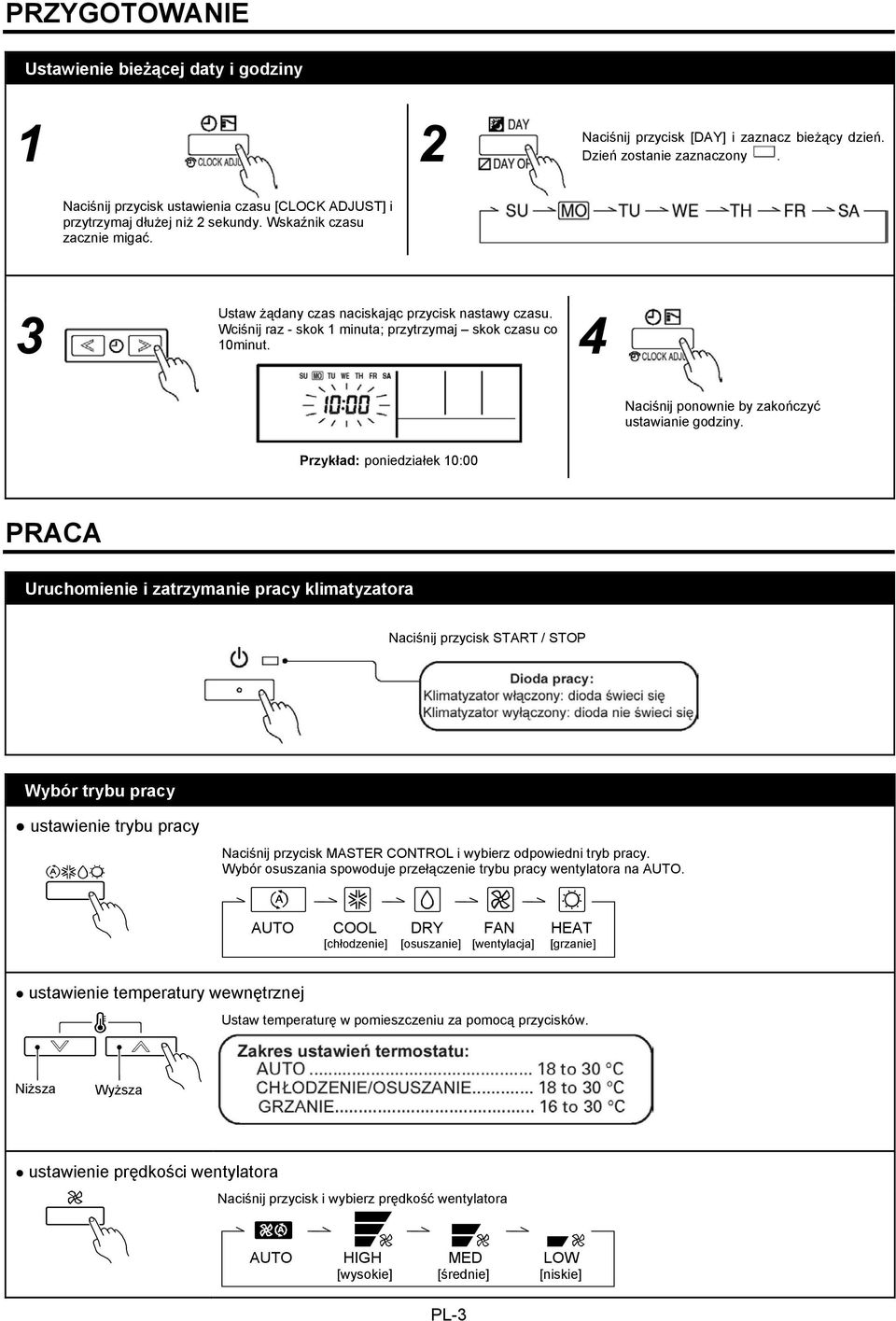 Wciśnij raz - skok 1 minuta; przytrzymaj skok czasu co 10minut. 4 Naciśnij ponownie by zakończyć ustawianie godziny.