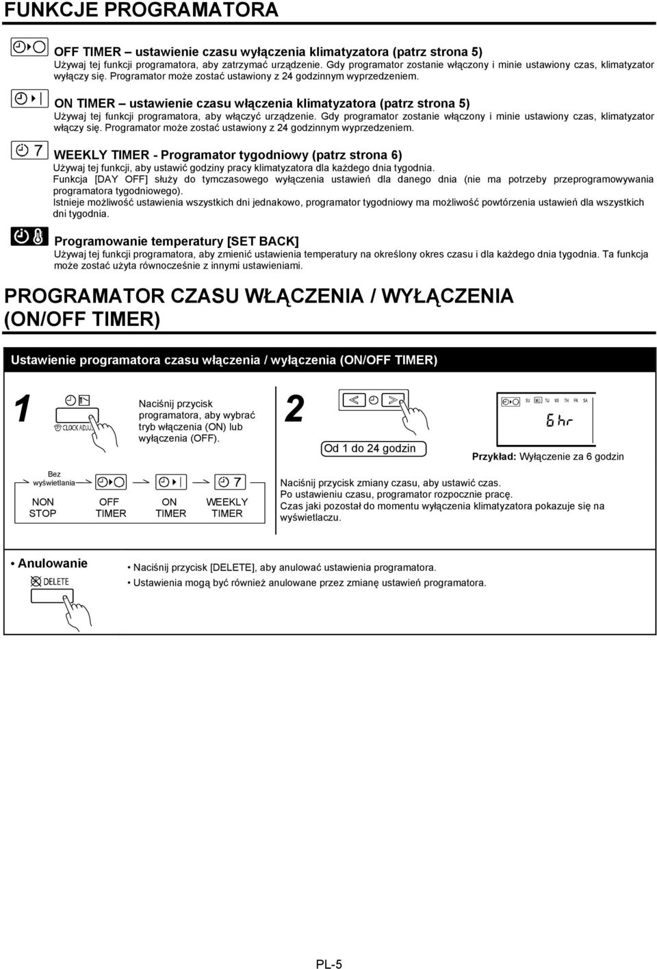 ON TIMER ustawienie czasu włączenia klimatyzatora (patrz strona 5) Używaj tej funkcji programatora, aby włączyć urządzenie.