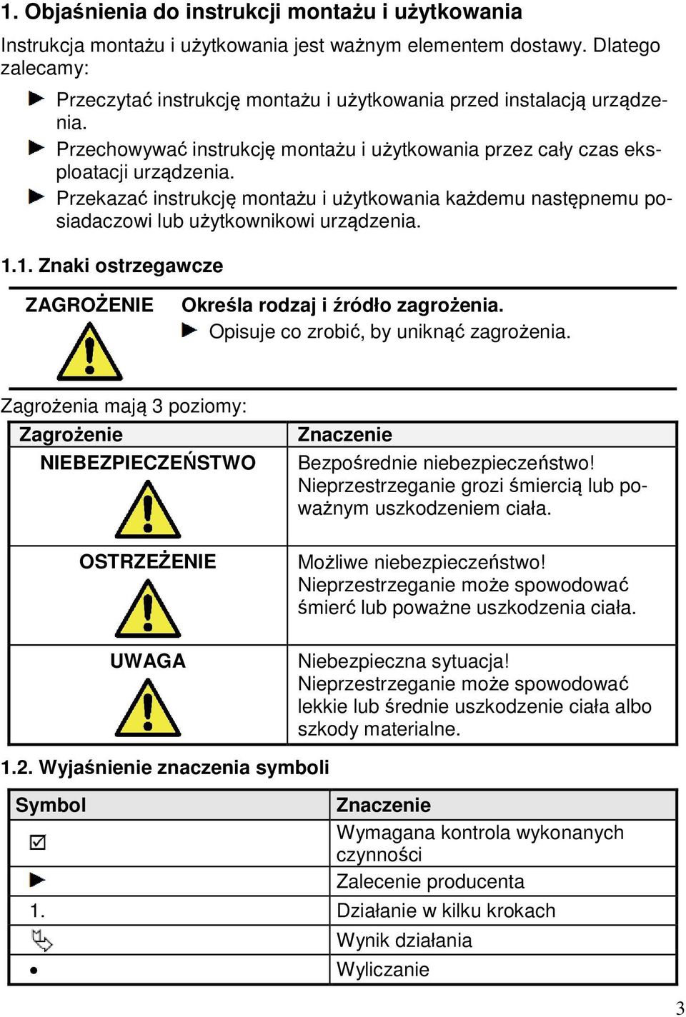 Przekazać instrukcję montażu i użytkowania każdemu następnemu posiadaczowi lub użytkownikowi urządzenia. 1.1. Znaki ostrzegawcze ZAGROŻENIE Określa rodzaj i źródło zagrożenia.