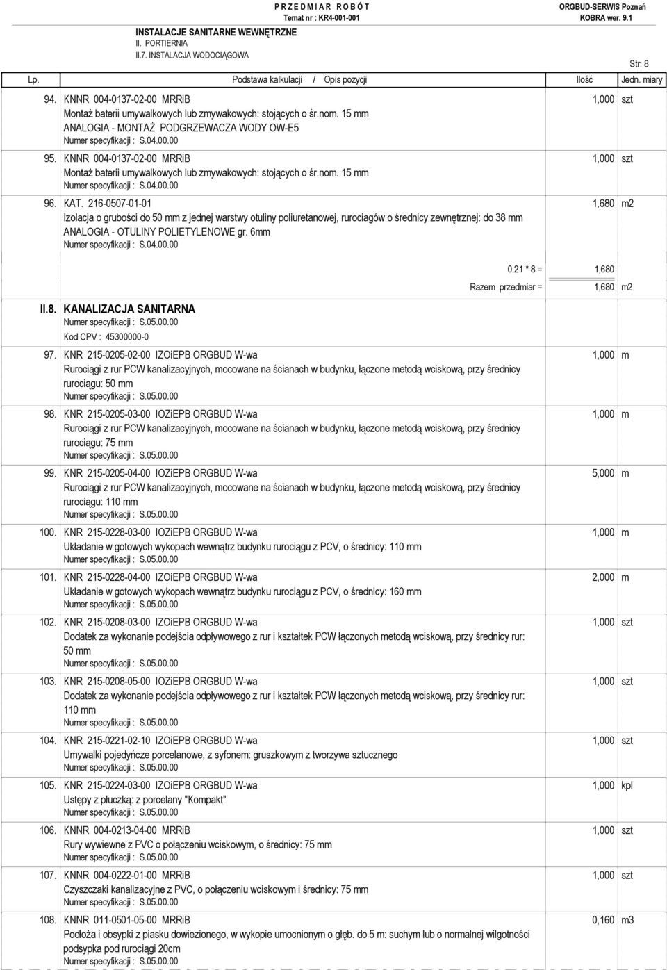 216-0507-01-01 1,680 m2 Izolacja o grubości do 50 mm z jednej warstwy otuliny poliuretanowej, rurociagów o średnicy zewnętrznej: do 38 mm ANALOGIA - OTULINY POLIETYLENOWE gr. 6mm II.8. KANALIZACJA SANITARNA 0.