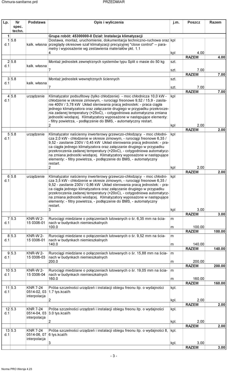 8 Monta jednostek zewntrznych systeów typu Split o asie do 50 kg d.1 kalk. własna 7 7.00 RAZEM 7.00 3 5.8 Monta jednostek wewntrznych ciennych d.1 kalk. własna 7 7.00 RAZEM 7.00 4 5.