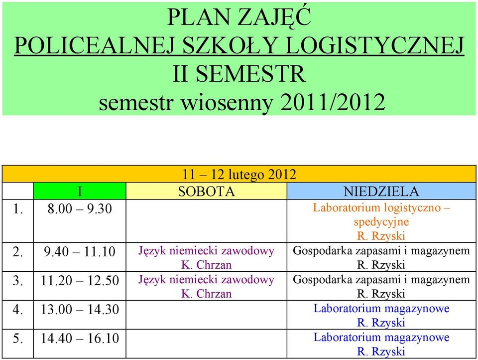 30 Laboratorium logistyczno 2. 9.40 11.10 Gospodarka zapasami i 3. 11.20 12.