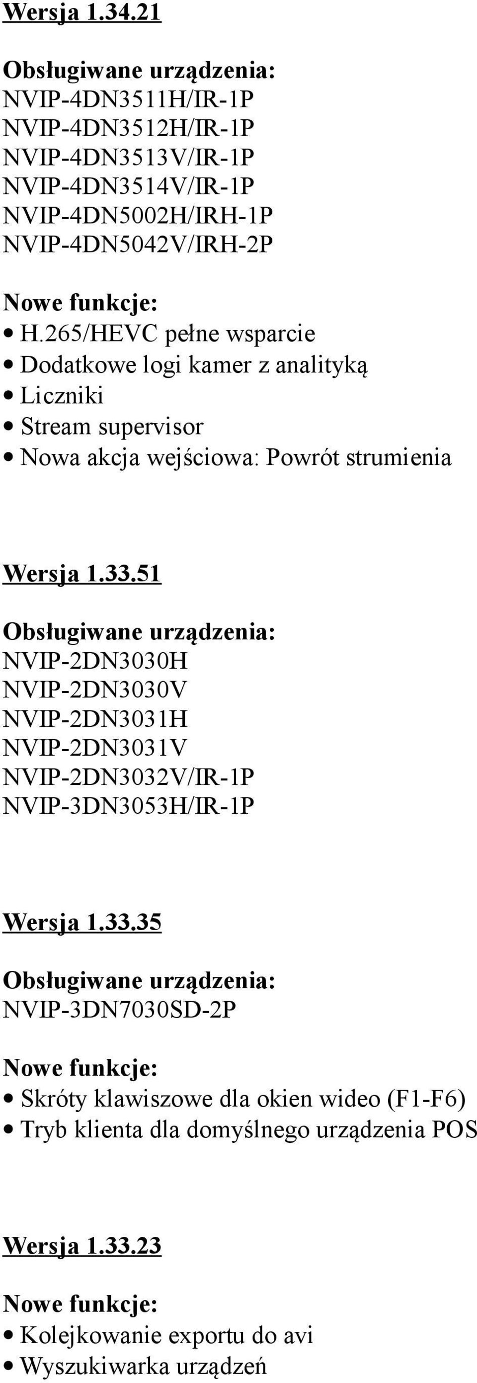 265/HEVC pełne wsparcie Dodatkowe logi kamer z analityką Liczniki Stream supervisor Nowa akcja wejściowa: Powrót strumienia Wersja 1.33.