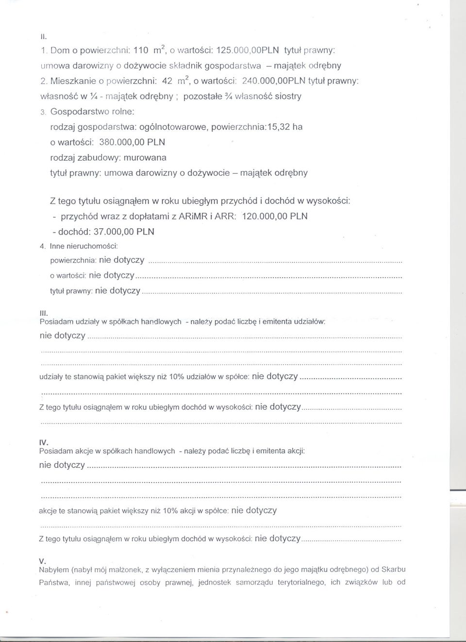 000,00 PLN rodzaj zabudowy: murowana tytul prawny: umowa darowizny o dozywocie - majatek odrebny Z tego tytulu osiagnalem w roku ubieglym przychód i dochód w wysokosci: - przychód wraz z doplatami z