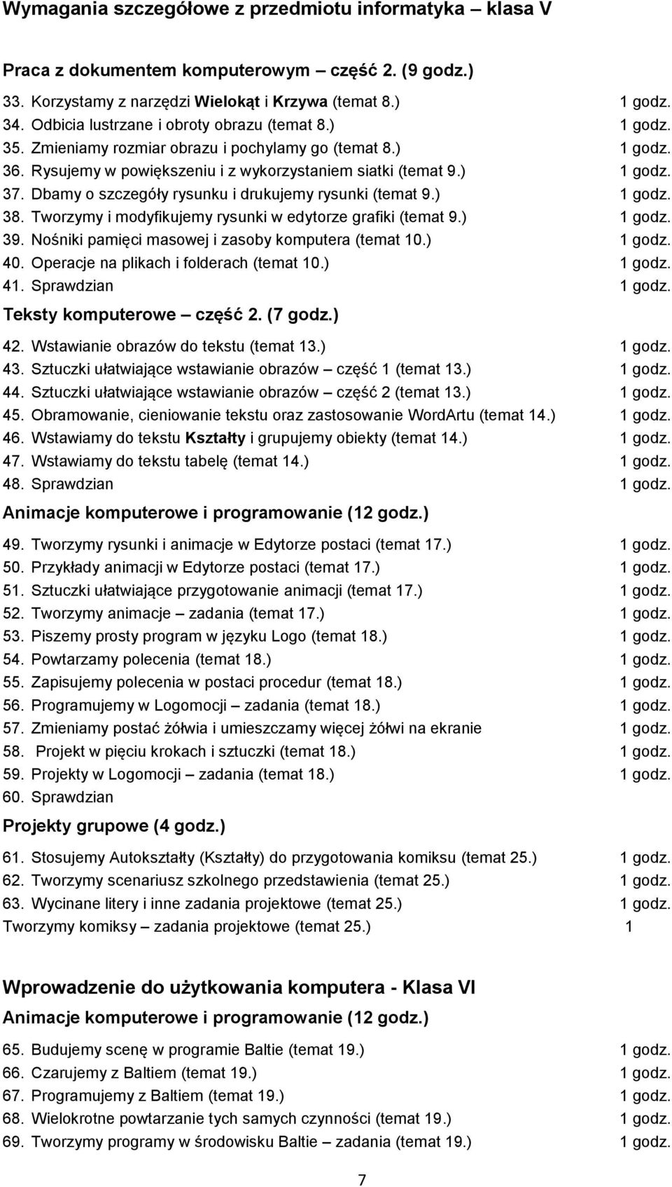 Dbamy o szczegóły rysunku i drukujemy rysunki (temat 9.) 1 godz. 38. Tworzymy i modyfikujemy rysunki w edytorze grafiki (temat 9.) 1 godz. 39. Nośniki pamięci masowej i zasoby komputera (temat 10.