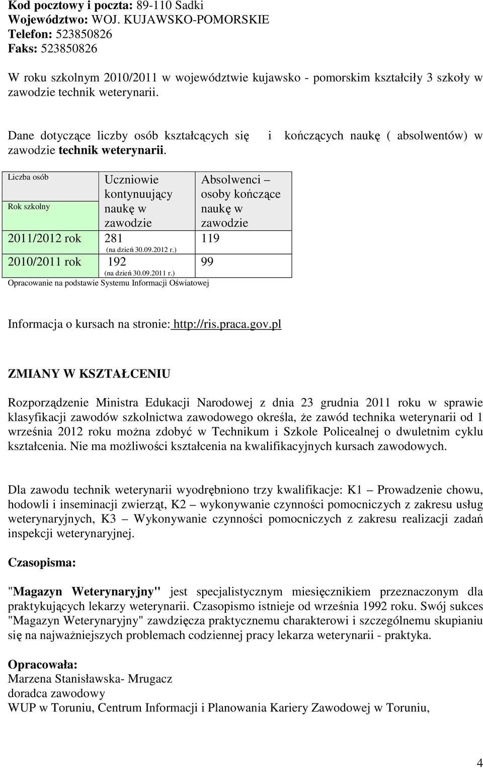 Liczba osób Uczniowie kontynuujący Rok szkolny naukę w zawodzie 2011/2012 rok 281 (na dzień 30.09.2012 r.) 2010/2011 ro