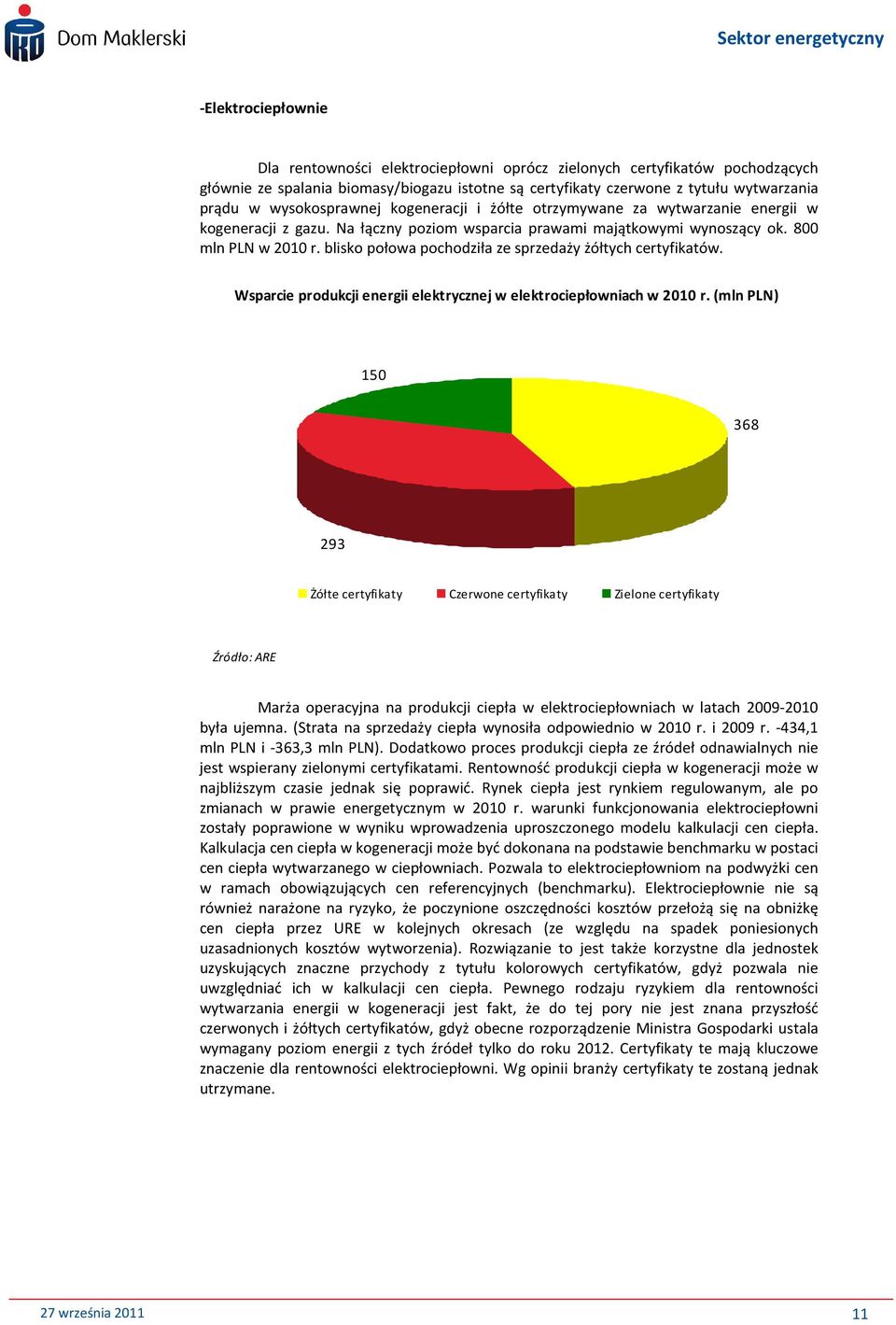 blisko połowa pochodziła ze sprzedaży żółtych certyfikatów. Wsparcie produkcji energii elektrycznej w elektrociepłowniach w 2010 r.