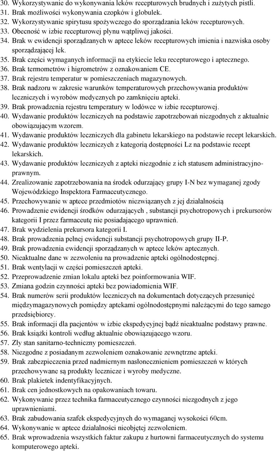 Brak w ewidencji sporządzanych w aptece leków recepturowych imienia i nazwiska osoby sporządzającej lek. 35. Brak części wymaganych informacji na etykiecie leku recepturowego i aptecznego. 36.