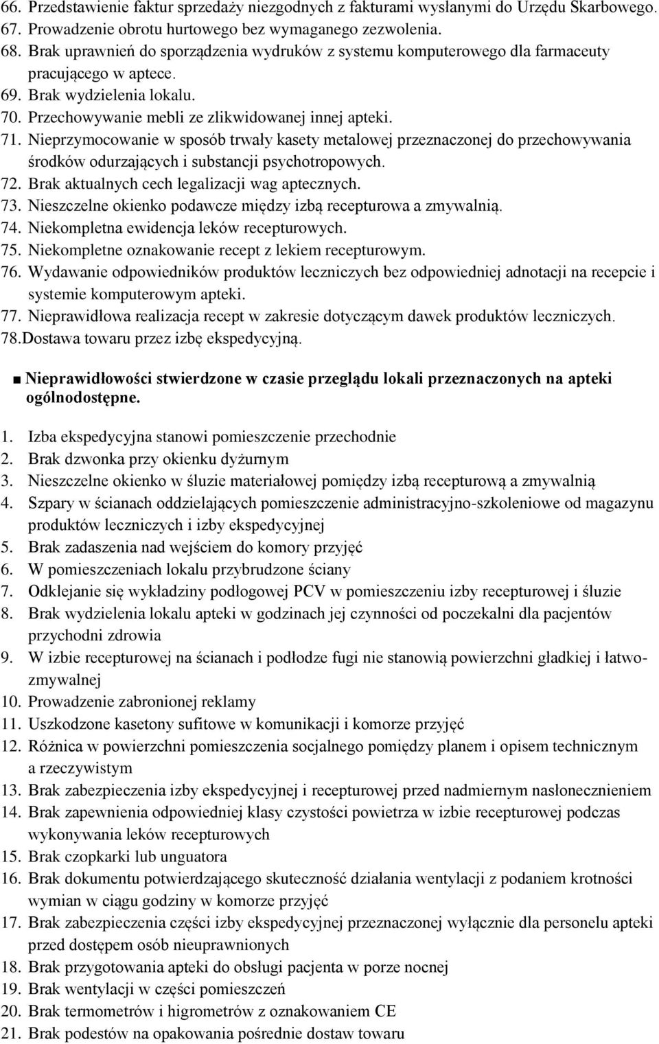 Nieprzymocowanie w sposób trwały kasety metalowej przeznaczonej do przechowywania środków odurzających i substancji psychotropowych. 72. Brak aktualnych cech legalizacji wag aptecznych. 73.