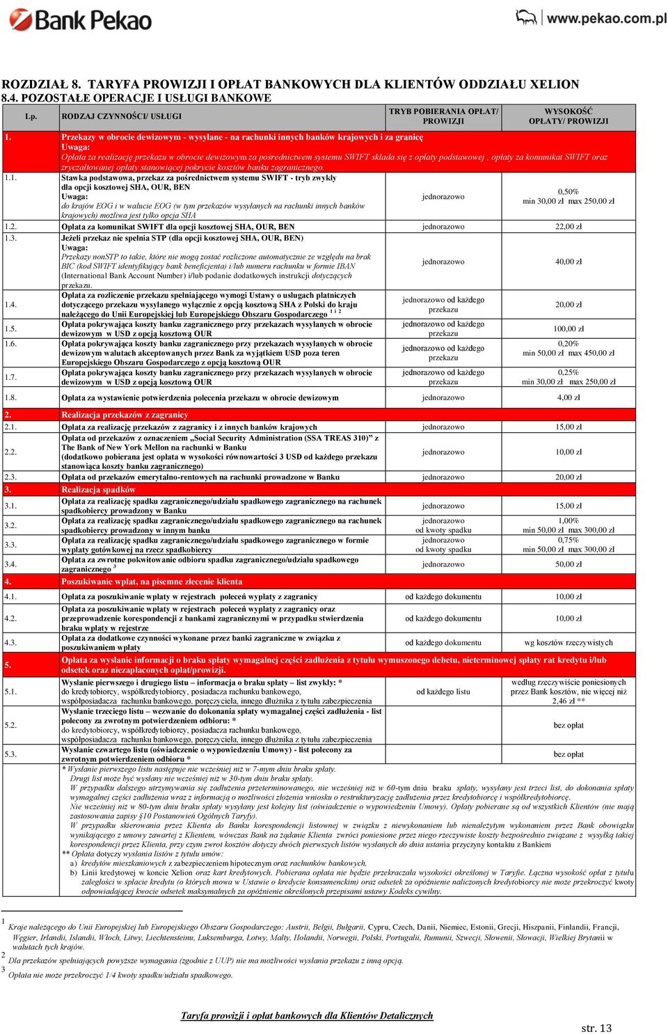 podstawowej, opłaty za komunikat SWIFT oraz zryczałtowanej opłaty stanowiącej pokrycie kosztów banku zagranicznego. 1.