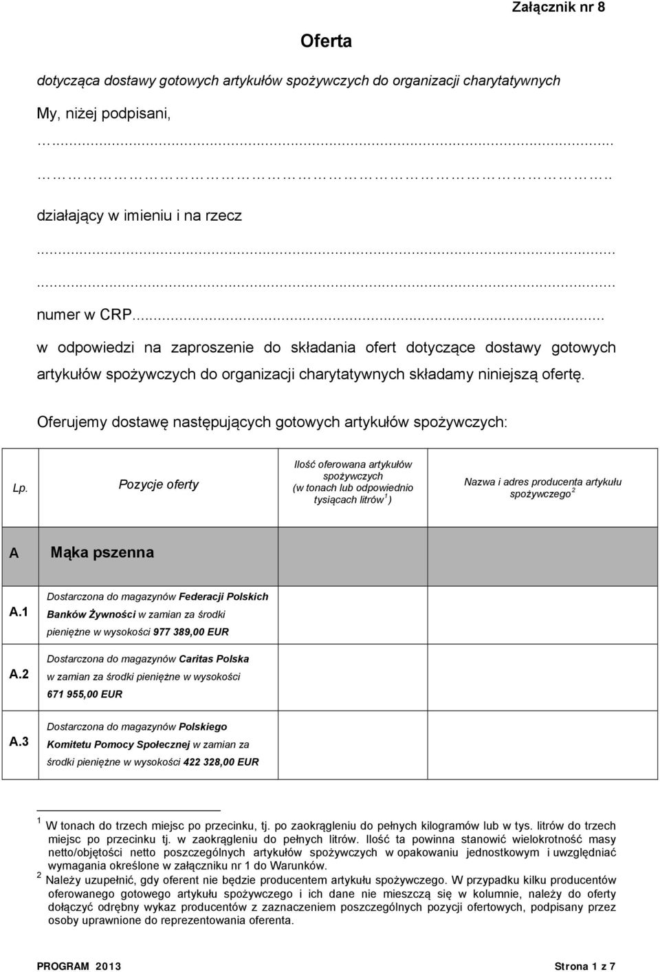 A Mąka pszenna A.1 Dostarczona do magazynów Federacji Polskich pieniężne w wysokości 977 389,00 EUR A.2 Dostarczona do magazynów Caritas Polska 671 955,00 EUR A.