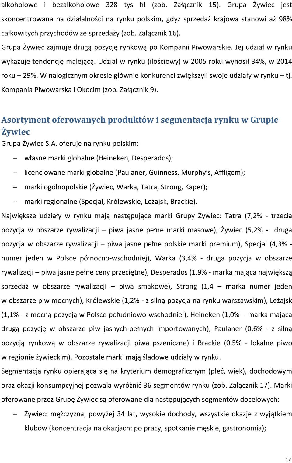 Grupa Żywiec zajmuje drugą pozycję rynkową po Kompanii Piwowarskie. Jej udział w rynku wykazuje tendencję malejącą. Udział w rynku (ilościowy) w 2005 roku wynosił 34%, w 2014 roku 29%.