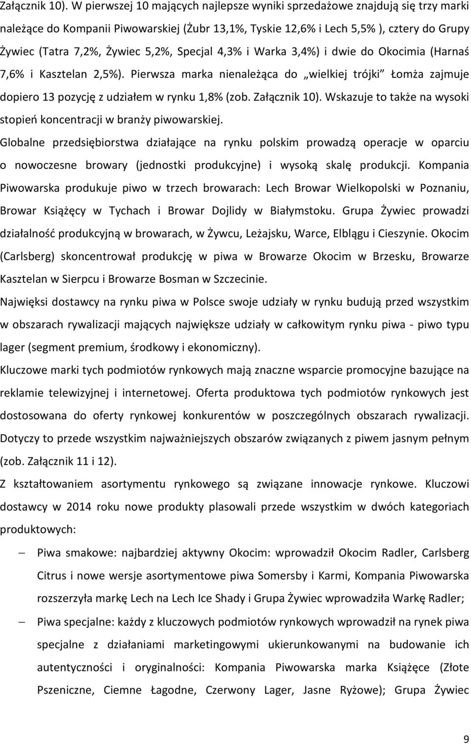 5,2%, Specjal 4,3% i Warka 3,4%) i dwie do Okocimia (Harnaś 7,6% i Kasztelan 2,5%). Pierwsza marka nienależąca do wielkiej trójki Łomża zajmuje dopiero 13 pozycję z udziałem w rynku 1,8% (zob.