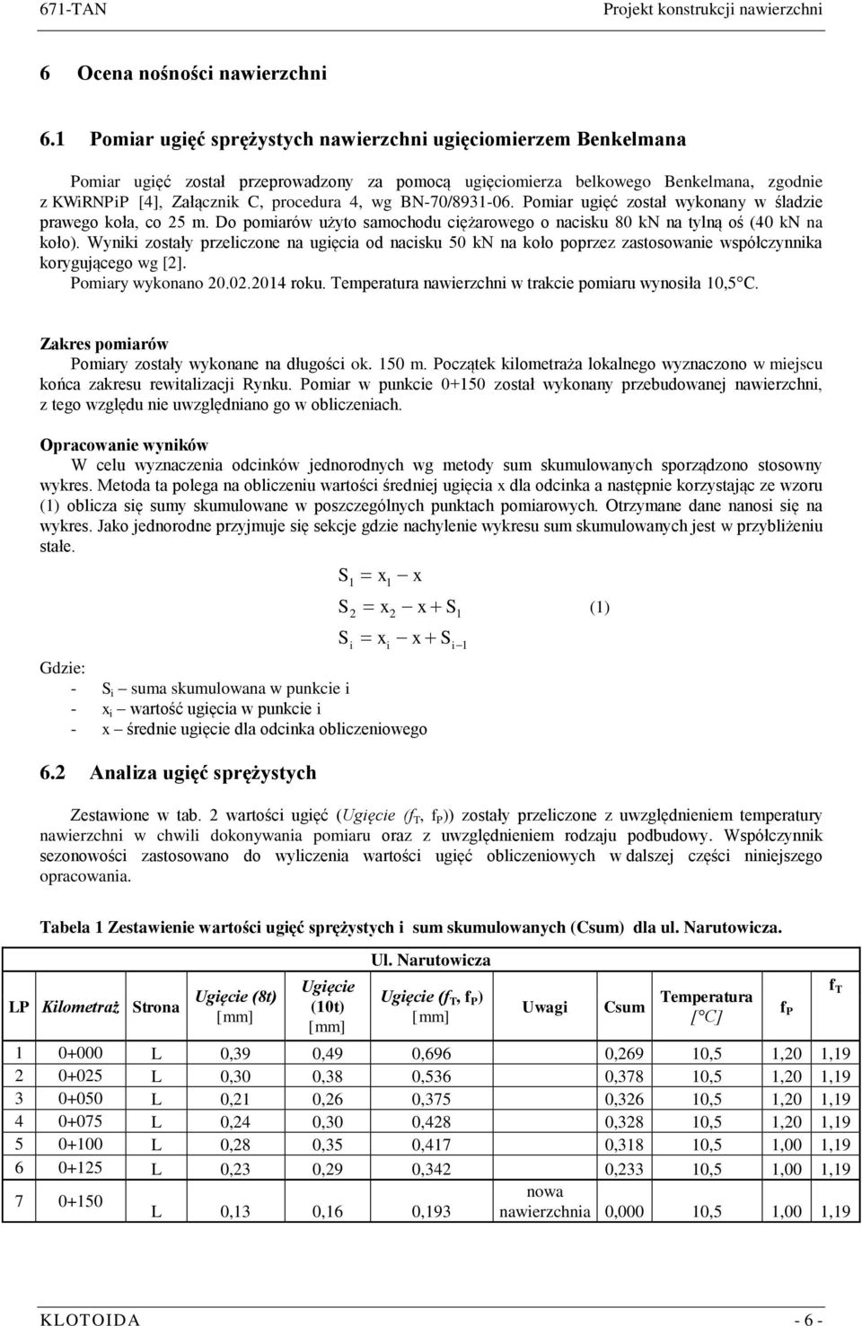 BN-70/8931-06. Pomiar ugięć został wykonany w śladzie prawego koła, co 25 m. Do pomiarów użyto samochodu ciężarowego o nacisku 80 kn na tylną oś (40 kn na koło).