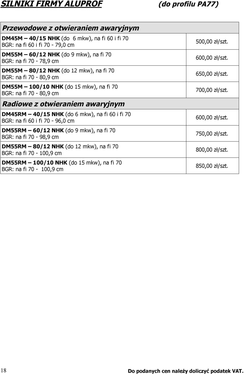 fi 60 i fi 70 BGR: na fi 60 i fi 70-96,0 cm DM55RM 60/12 NHK (do 9 mkw), na fi 70 BGR: na fi 70-98,9 cm DM55RM 80/12 NHK (do 12 mkw), na fi 70 BGR: na fi 70-100,9 cm DM55RM 100/10 NHK (do 15 mkw),