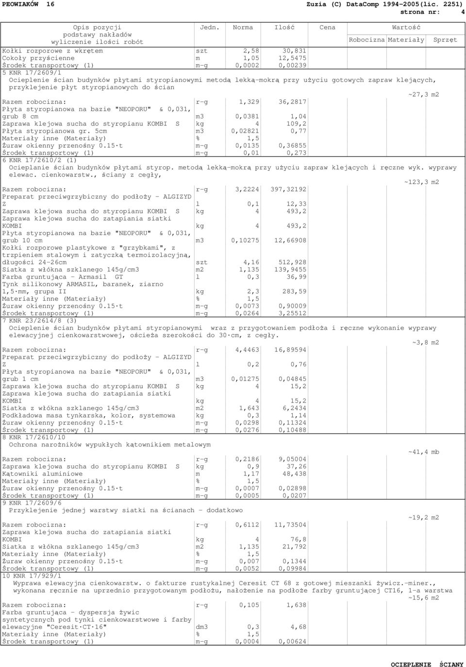 0,0002 0,00239 5 KNR 17/2609/1 Ocieplenie ścian budynków płytami styropianowymi metodą lekką-mokrą przy uŝyciu gotowych zapraw klejących, przyklejenie płyt styropianowych do ścian ~27,3 m2 Razem