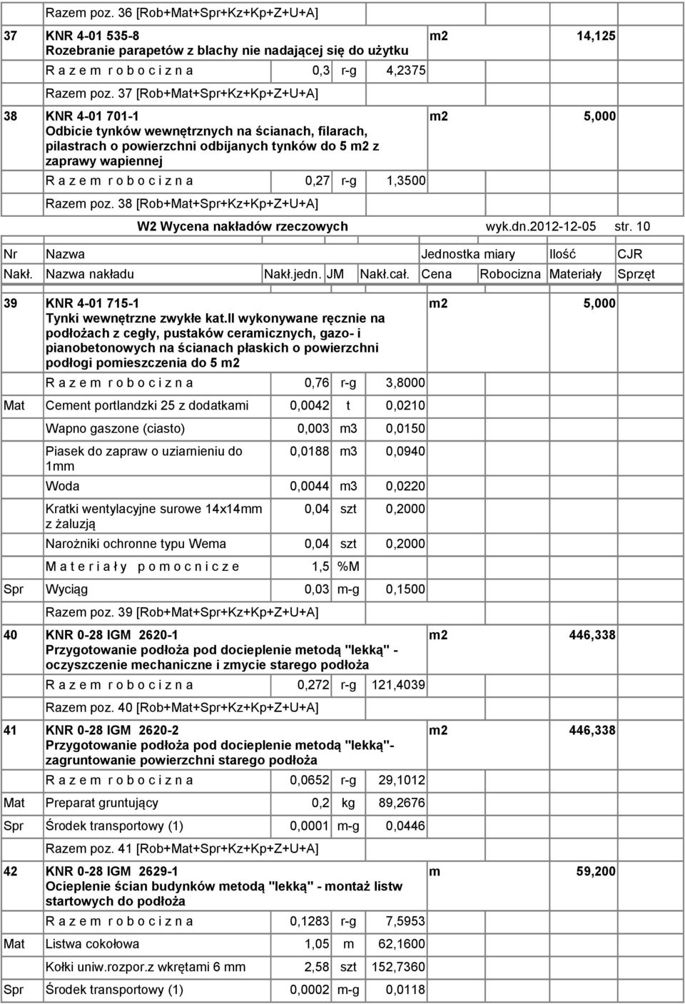 r-g 1,3500 Razem poz. 38 [Rob++Spr+Kz+Kp+Z+U+A] m2 14,125 m2 5,000 W2 Wycena nakładów rzeczowych wyk.dn.2012-12-05 str. 10 Nakł. Nazwa nakładu Nakł.jedn. JM Nakł.cał.