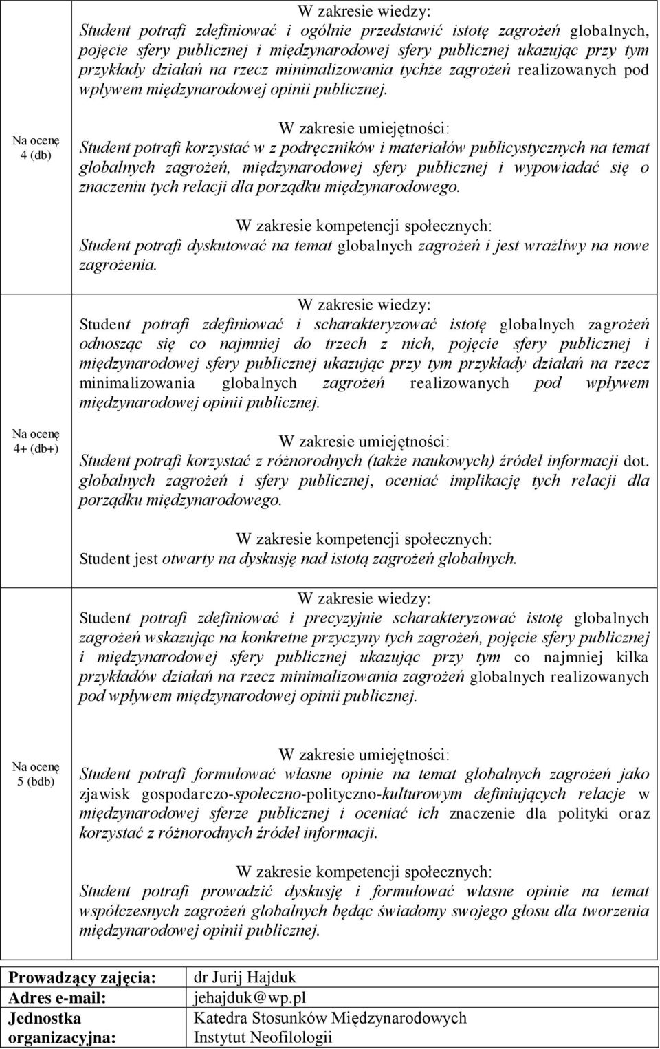 4 (db) Student potrafi korzystać w z podręczników i materiałów publicystycznych na temat globalnych zagrożeń, międzynarodowej sfery publicznej i wypowiadać się o znaczeniu tych relacji dla porządku