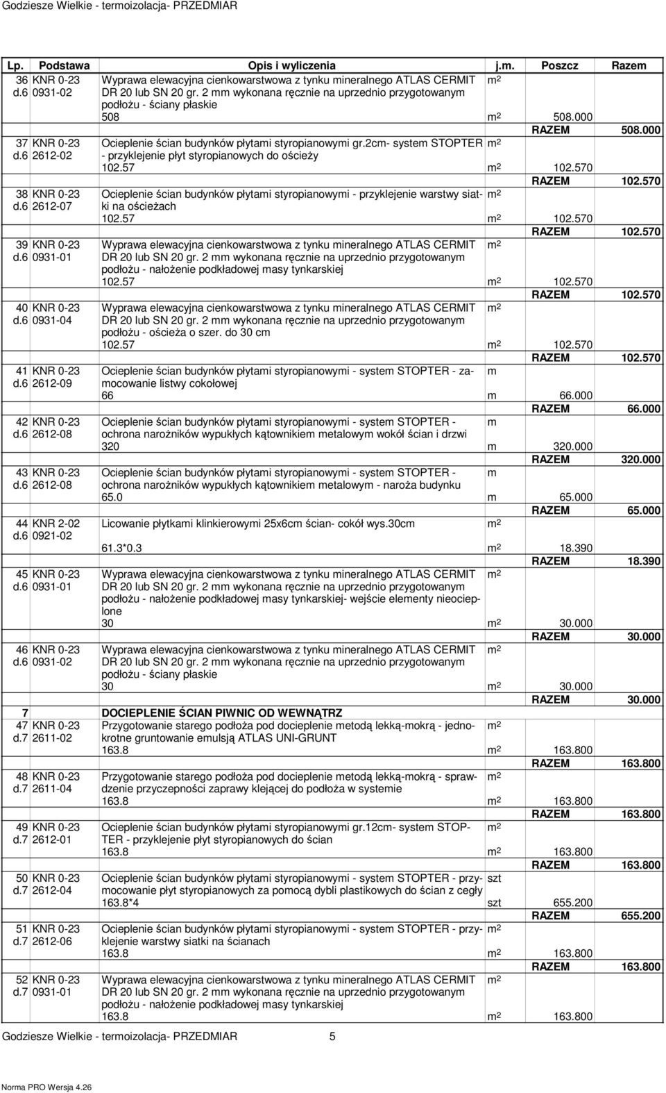 6 2612-09 42 KNR 0-23 d.6 2612-08 43 KNR 0-23 d.6 2612-08 44 KNR 2-02 d.6 0921-02 RAZEM 508.000 Ocieplenie ścian budynków płytami styropianowymi gr.