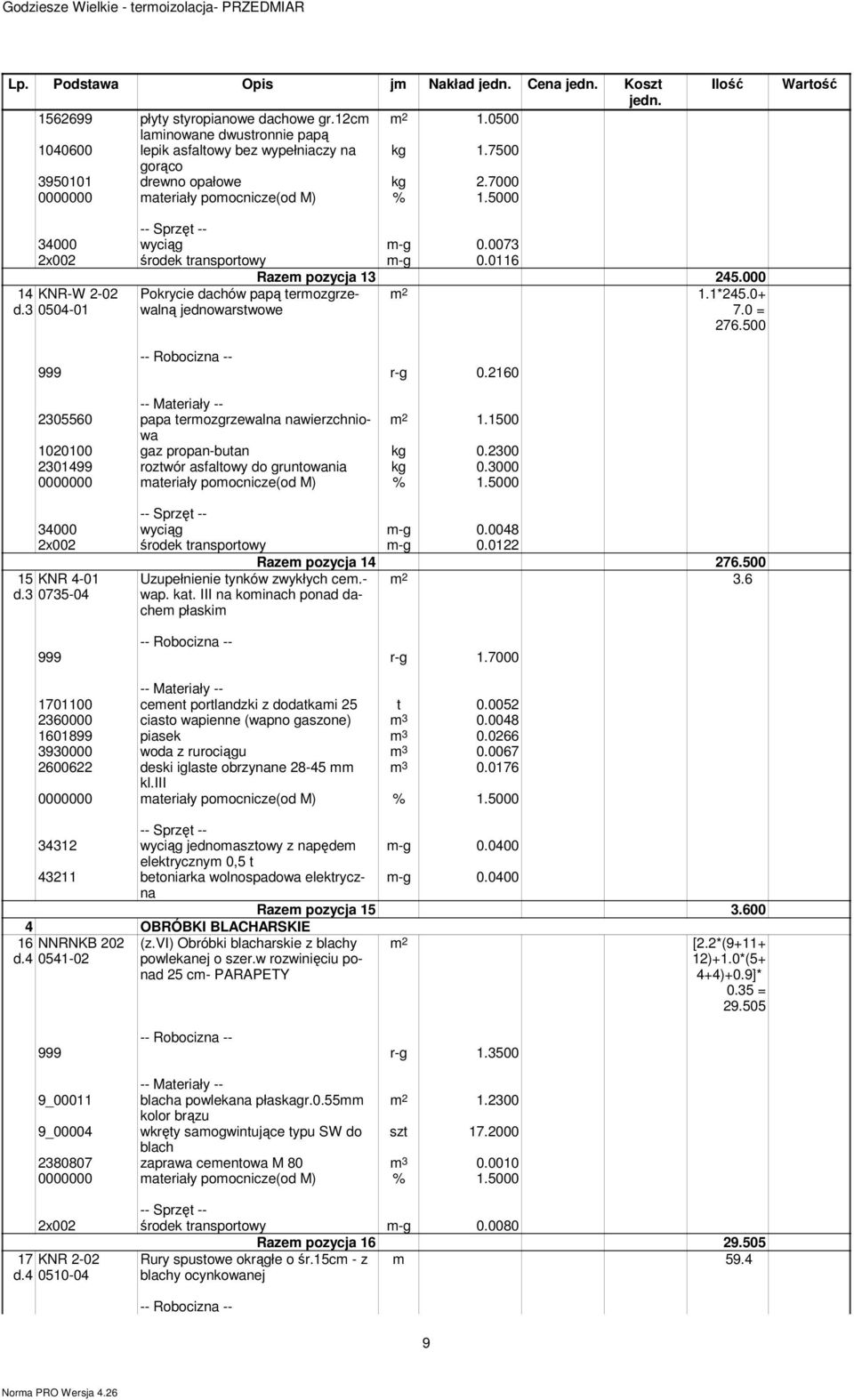 3 0504-01 Pokrycie dachów papą termozgrzewalną jednowarstwowe Razem pozycja 13 245.000 1.1*245.0+ 7.0 = 276.500 999 r-g 0.2160 2305560 papa termozgrzewalna nawierzchniowa 1.