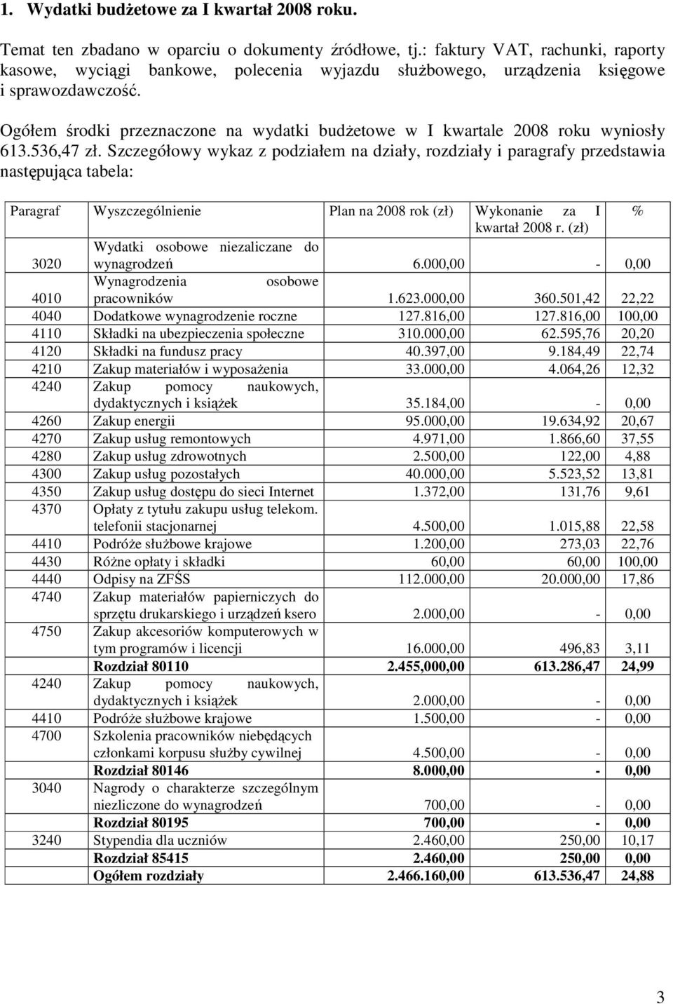 Ogółem środki przeznaczone na wydatki budŝetowe w I kwartale 2008 roku wyniosły 613.536,47 zł.