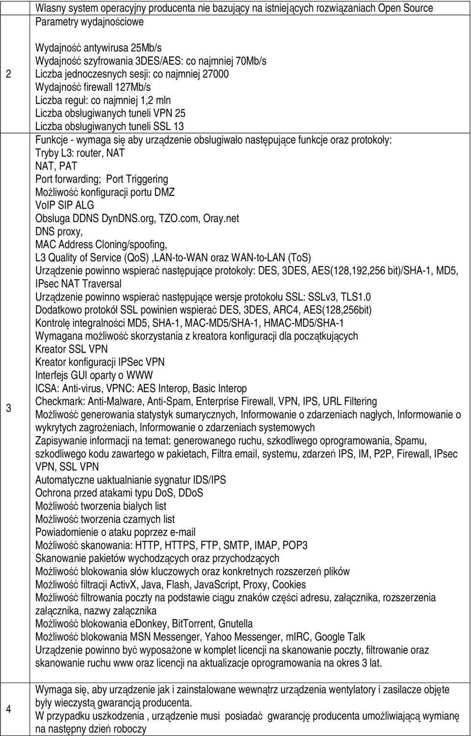 aby urządzenie obsługiwało następujące funkcje oraz protokoły: Tryby L3: router, NAT NAT, PAT Port forwarding; Port Triggering Możliwość konfiguracji portu DMZ VoIP SIP ALG Obsługa DDNS DynDNS.