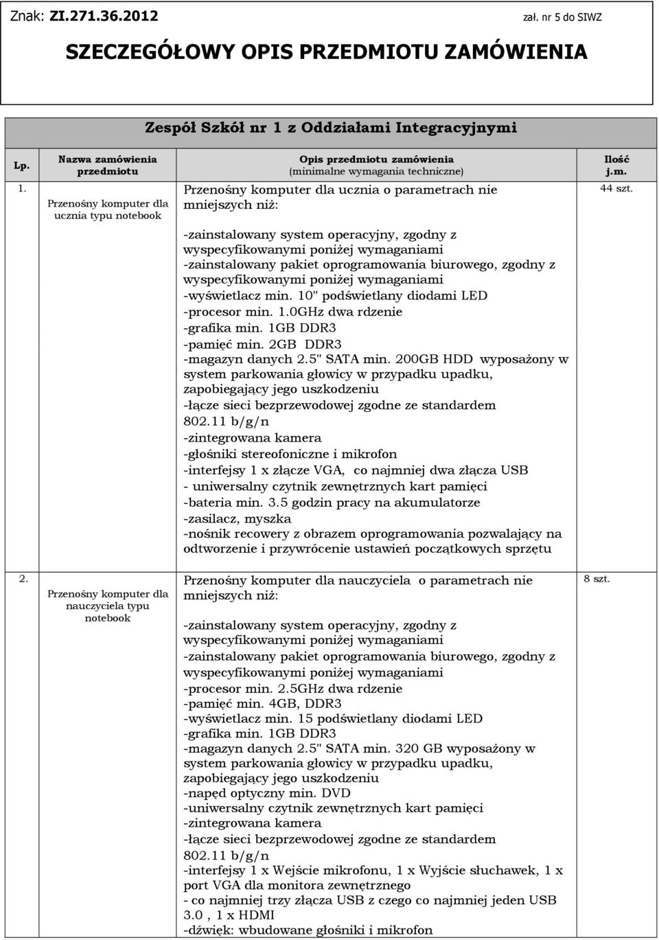 Nazwa zamówienia przedmiotu Przenośny komputer dla ucznia typu notebook Opis przedmiotu zamówienia (minimalne wymagania techniczne) Przenośny komputer dla ucznia o parametrach nie mniejszych niŝ: