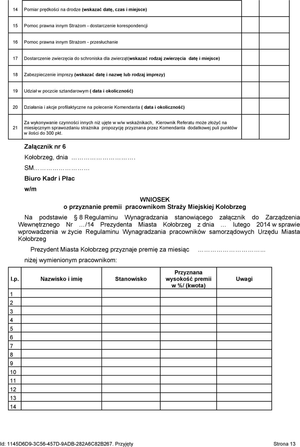 Działania i akcje profilaktyczne na polecenie Komendanta ( data i okoliczność) 21 Za wykonywanie czynności innych niż ujęte w w/w wskaźnikach, Kierownik Referatu może złożyć na miesięcznym