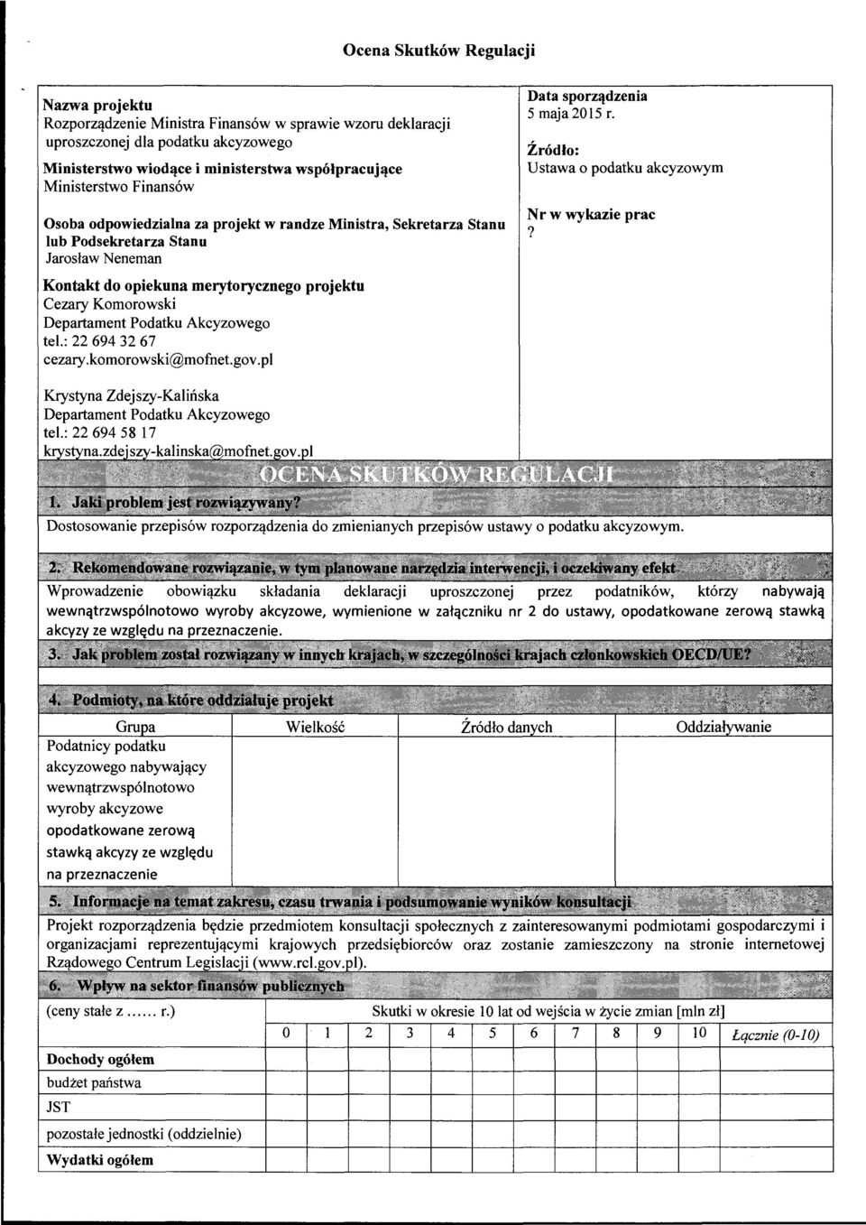 Źródło: Ustawa o podatku akcyzowym Nr w wykazie prac? Kontakt do opiekuna merytorycznego projektu Cezary Komorowski Departament Podatku Akcyzowego teł.: 22 694 32 67 cezary.komorowski@mofnet.gov.