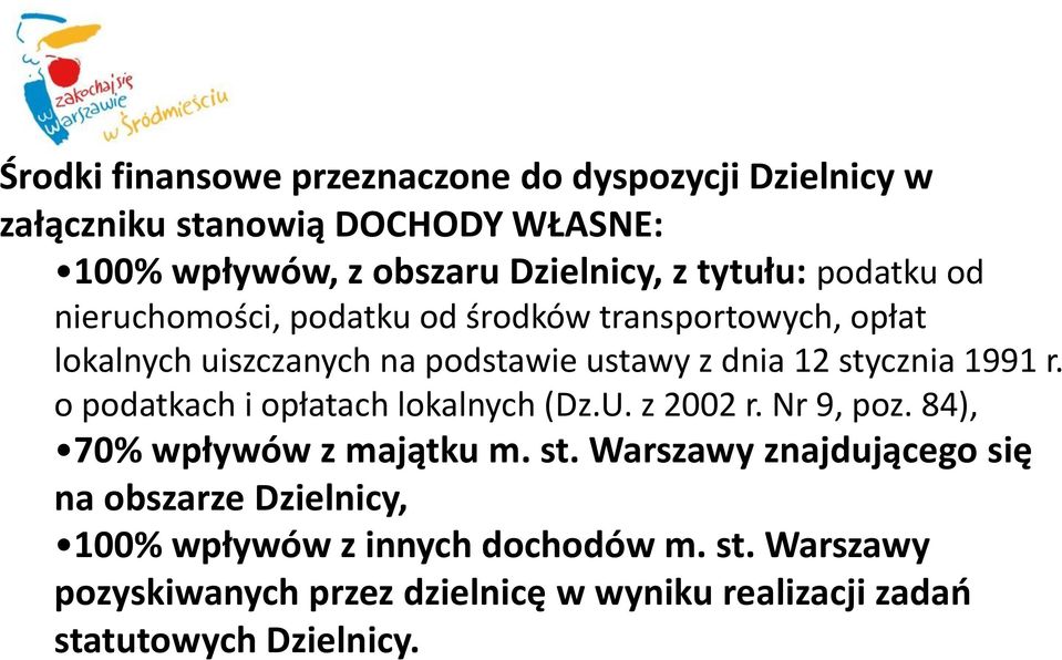 1991 r. o podatkach i opłatach lokalnych (Dz.U. z 2002 r. Nr 9, poz. 84), 70% wpływów z majątku m. st.