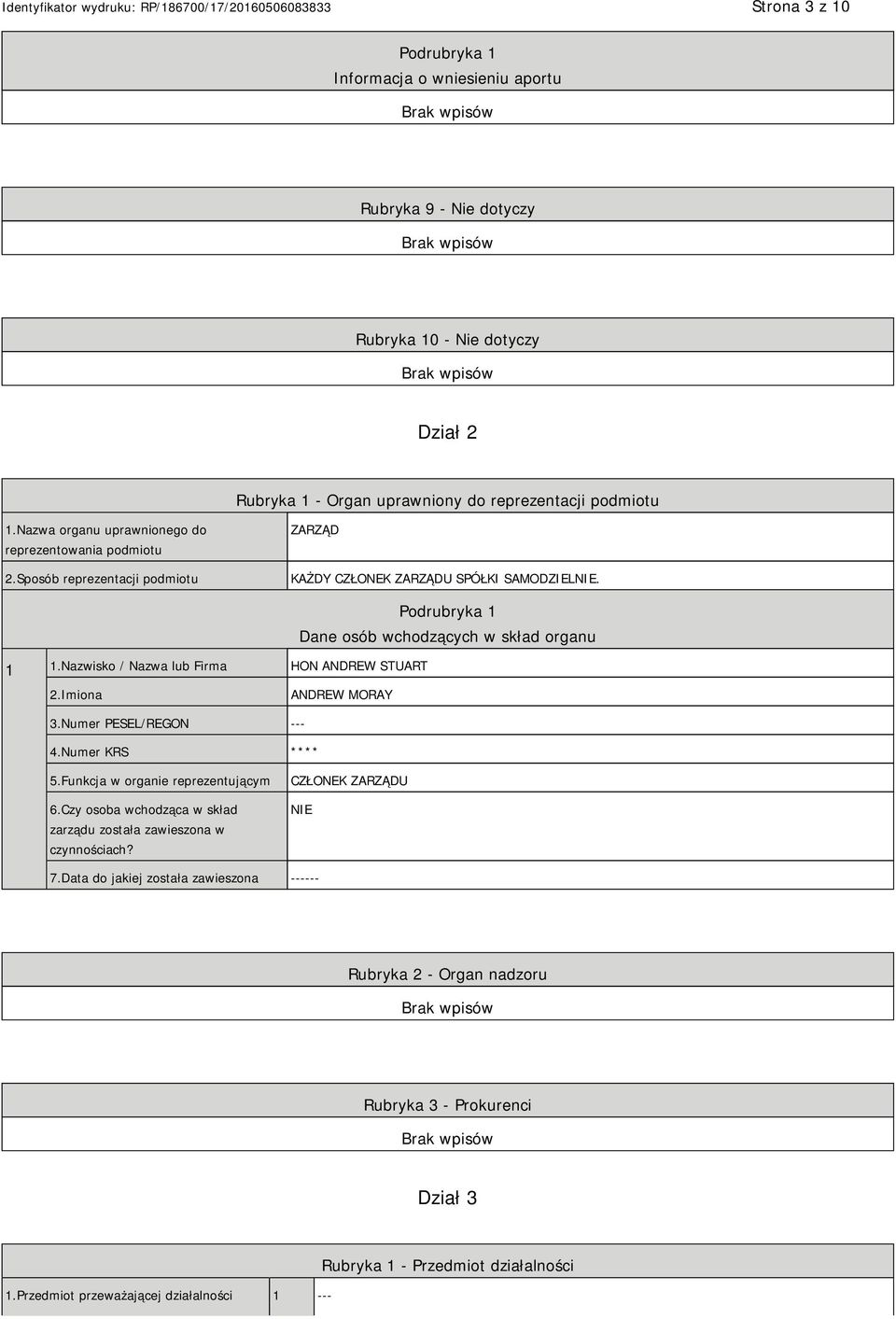 Nazwisko / Nazwa lub Firma HON ANDREW STUART Podrubryka 1 Dane osób wchodzących w skład organu 2.Imiona ANDREW MORAY 3.Numer PESEL/REGON --- 4.Numer KRS **** 5.