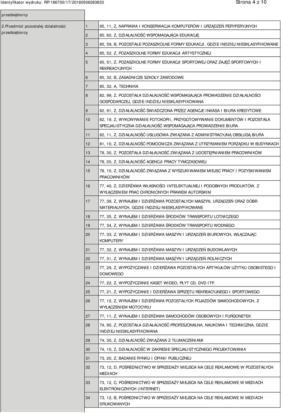 POZASZKOLNE FORMY EDUKACJI, GDZIE INDZIEJ NIESKLASYFIKOWANE 4 85, 52, Z, POZASZKOLNE FORMY EDUKACJI ARTYSTYCZNEJ 5 85, 51, Z, POZASZKOLNE FORMY EDUKACJI SPORTOWEJ ORAZ ZAJĘĆ SPORTOWYCH I