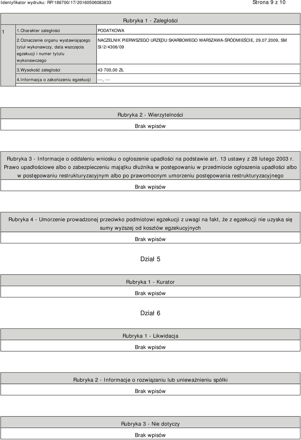 Informacja o zakończeniu egzekucji ---, --- Rubryka 2 - Wierzytelności Rubryka 3 - Informacje o oddaleniu wniosku o ogłoszenie upadłości na podstawie art. 13 ustawy z 28 lutego 2003 r.