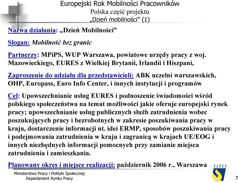 Cel: Upowszechnianie usług EURES i podnoszenie świadomości wśród polskiego społeczeństwa na temat możliwości jakie oferuje europejski rynek pracy; upowszechnianie usług publicznych służb zatrudnienia