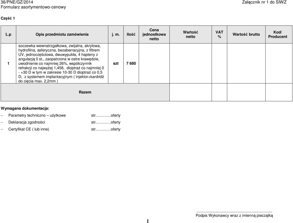 , zaopatrzona w ostre krawędzie, uwodnienie co najmniej 26, współczynnik refrakcji co najwyŝej,458, dioptraŝ co