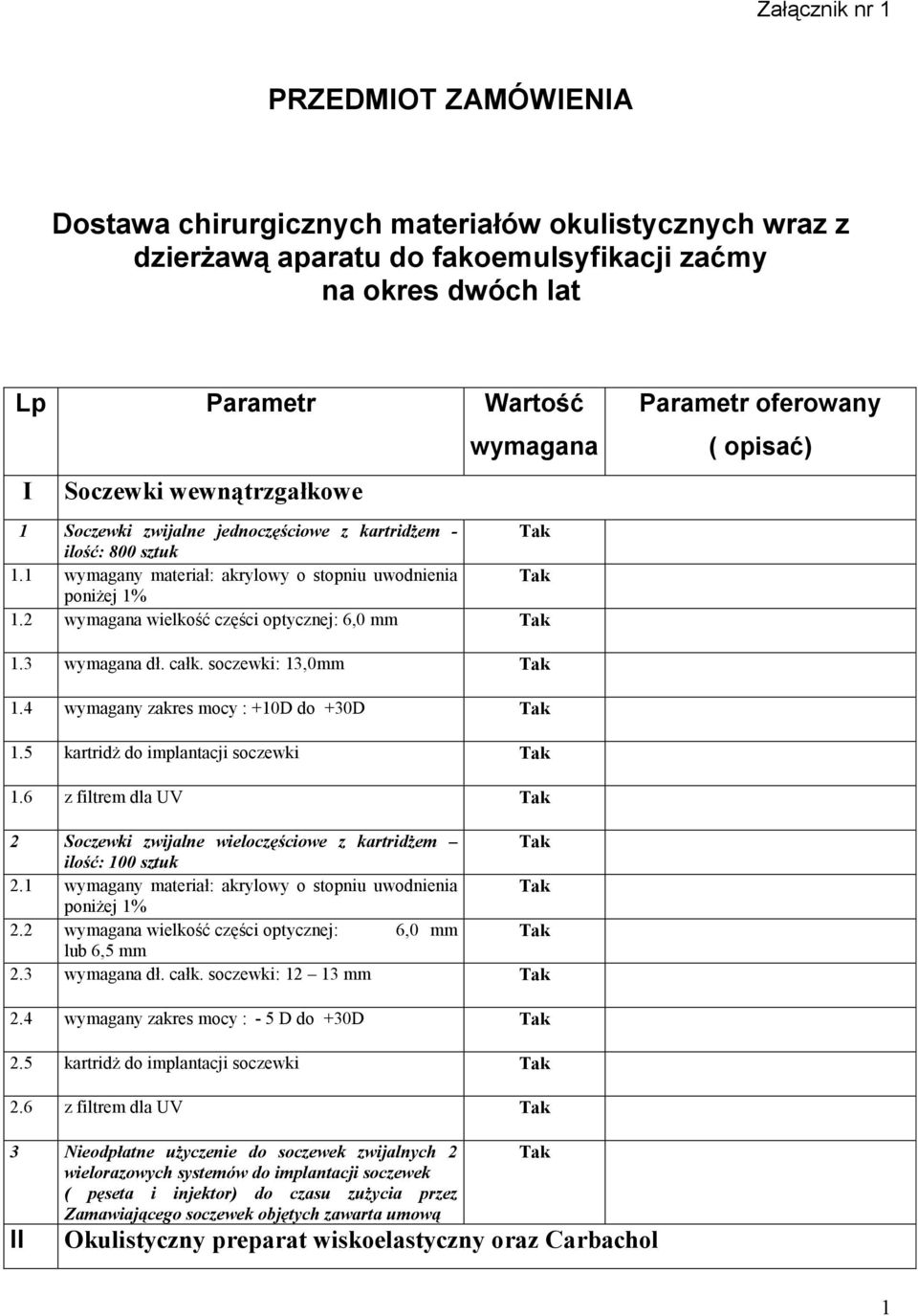 2 wymagana wielkość części optycznej: 6,0 mm 1.3 wymagana dł. całk. soczewki: 13,0mm 1.4 wymagany zakres mocy : +10D do +30D 1.5 kartridż do implantacji soczewki 1.